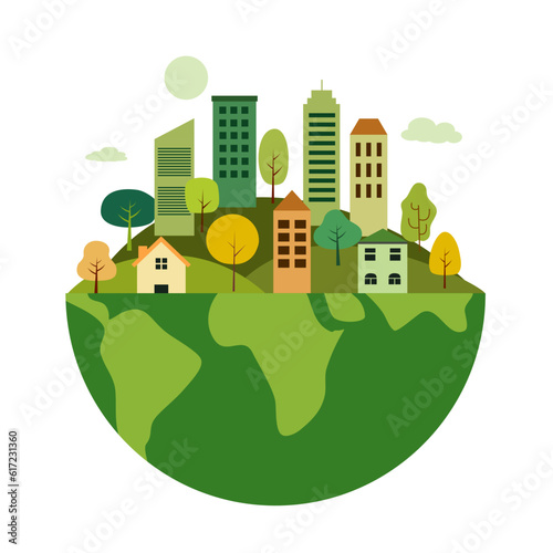 Sustainable green eco city on the earth planet in flat design vector illustration. 