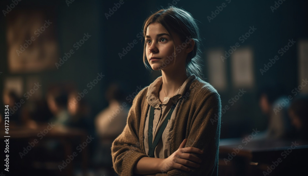Fototapeta premium Young businesswoman sitting at table, arms crossed, looking serious generated by AI