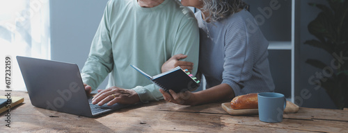 Embraced mature couple surfing the Internet on laptop at home