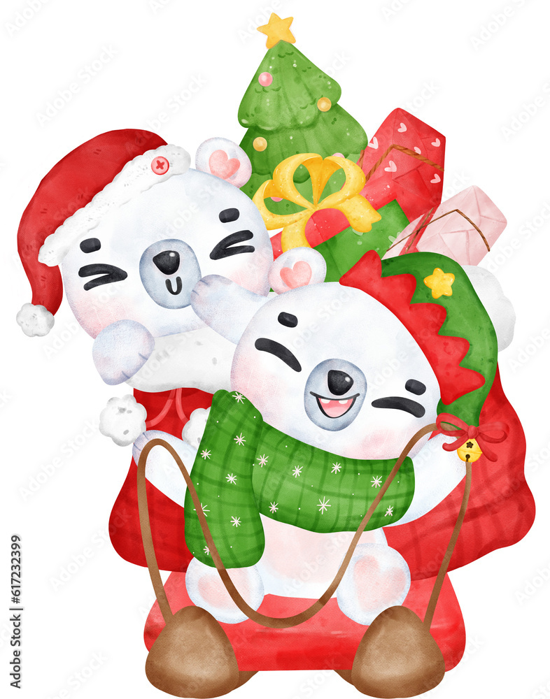 Festive Christmas Cartoon Illustration, Cute Playful Polar Bears Delivering Gifts on Sled. Festive Christmas Cartoon Illustration, Cute Playful Polar Bears Delivering Gifts on Sled.