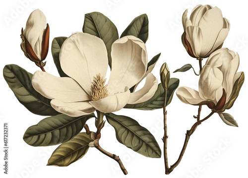 Obraz na płótnie Magnolia flower isolated on transparent background, old botanical illustration