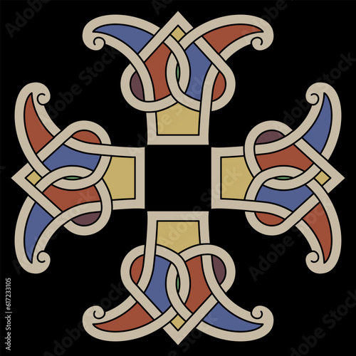 Square cross shape ornament with medieval Irish motifs. Illuminated manuscript style. On black background.