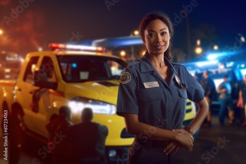 Smiling female doctor looking at camera and hands crossed Strong multi-ethnic professionals ready to handle emergencies and treat patients on night shifts.