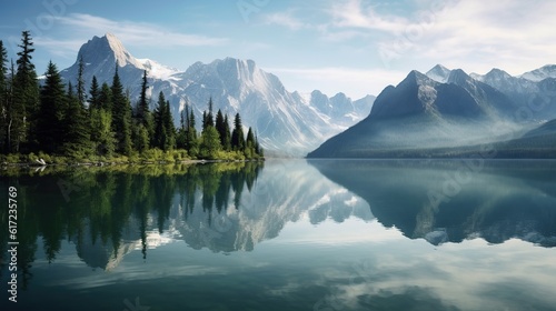 serene lakeside scene with a reflection of a majestic mountain Generative AI