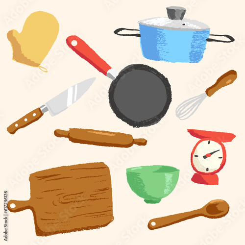 conjunto de utensilios de cocina dibujados a mano