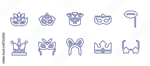 Costume party line icon set. Editable stroke. Vector illustration. Containing eye mask, carnival mask, mask, lips, minstrel, rabbit, crown, star glasses.