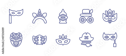 Costume party line icon set. Editable stroke. Vector illustration. Containing eye mask  headband  knight  costume  mask  carnival mask  pirate hat.