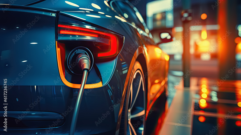 Generative AI illustration of a close-up, selectively focused view of a charging plug-in pod connected to the charging port of a sporty electric vehicle (EV)