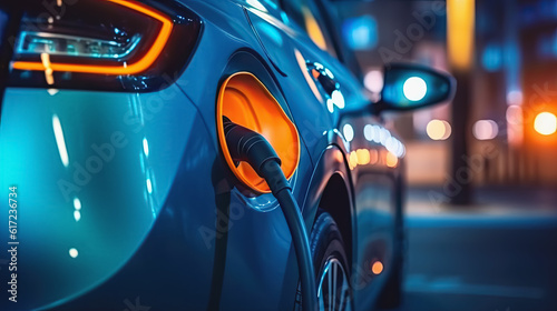 Generative AI illustration of a close-up, selectively focused view of a charging plug-in pod connected to the charging port of a sporty electric vehicle (EV)