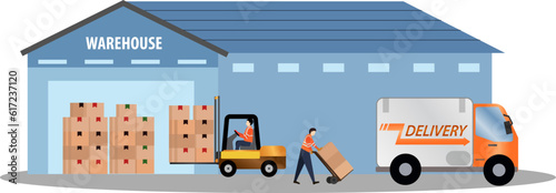 good delivery warehouse, Warehouse industry with storage buildings vector illustration, Storage workers engaged in loading and unloading of goods,  logistic process, forklift driver, loading truck