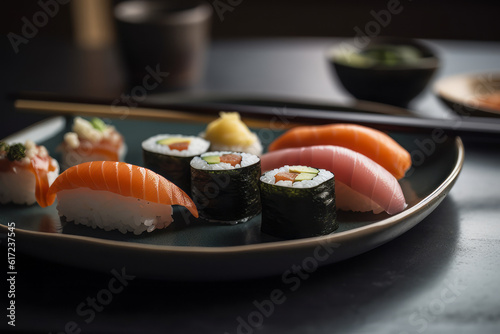 Chopsticks on Top of a Variety of Sushi on Plate, Generative AI