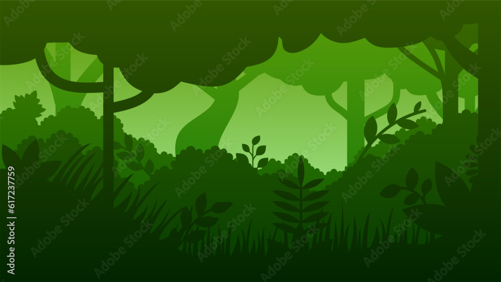 Obraz premium Forest landscape vector illustration. Deep forest silhouette with tree, bush, leaf and plant. Deep jungle landscape for background, wallpaper, display or landing page. Vector gradient style
