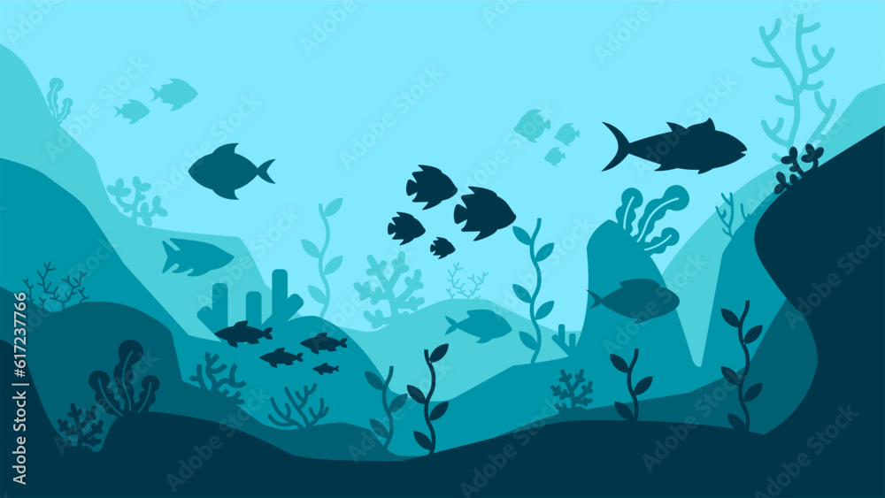 Underwater landscape vector illustration. Sea world landscape with fish ...