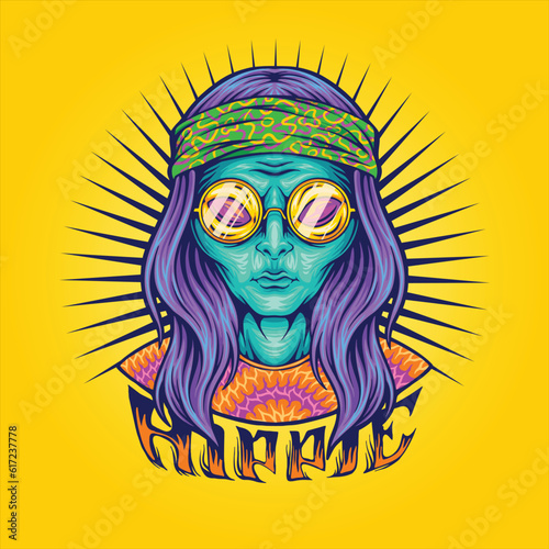 Hippie alien science fiction bohemian fashion vector illustrations for your work logo, merchandise t-shirt, stickers and label designs, poster, greeting cards advertising business company photo