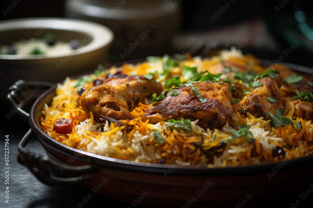 Close-Up of Chicken Biryani Dish, Generative AI Close-Up of Chicken Biryani Dish, Generative AI