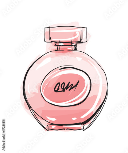 Beautiful round perfume bottle, women s pink glass bottle of toilet water. Modern fashion sketch, watercolor and line. Hand drawn vector illustration isolated on white background.