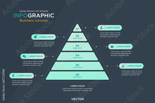 infographic business concept. Pyramid Text Box 6 Step Design Element and Template on Background Navy Dark Mode. In Vector