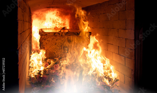 Photos The crematorium for death people on fire flame burning in the cremate