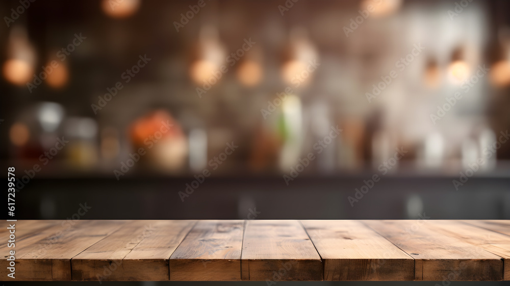Empty wooden table with blur kitchen background created with Generative AI