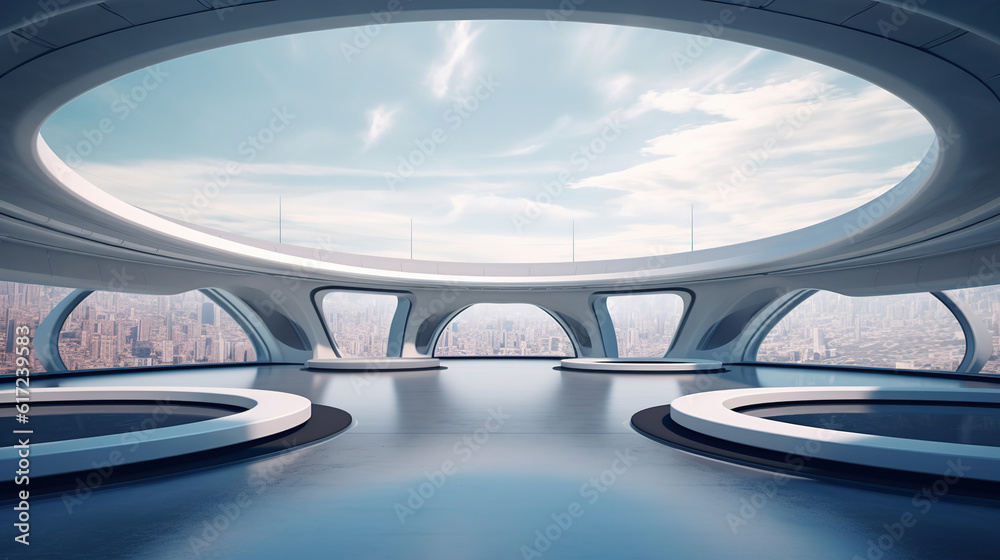 Obraz premium Futuristic rooftop modern architecture with empty floor. Created with AI generative.