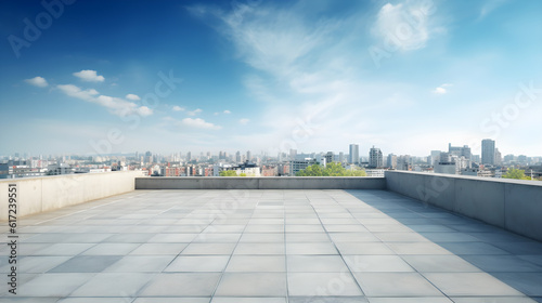 Empty concept roof top of the building with skyline view of the city created with Generative AI