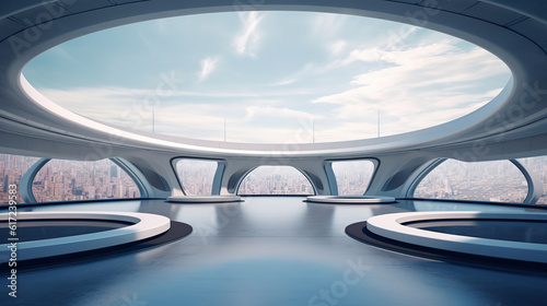 Futuristic rooftop modern architecture with empty floor. Created with AI generative.