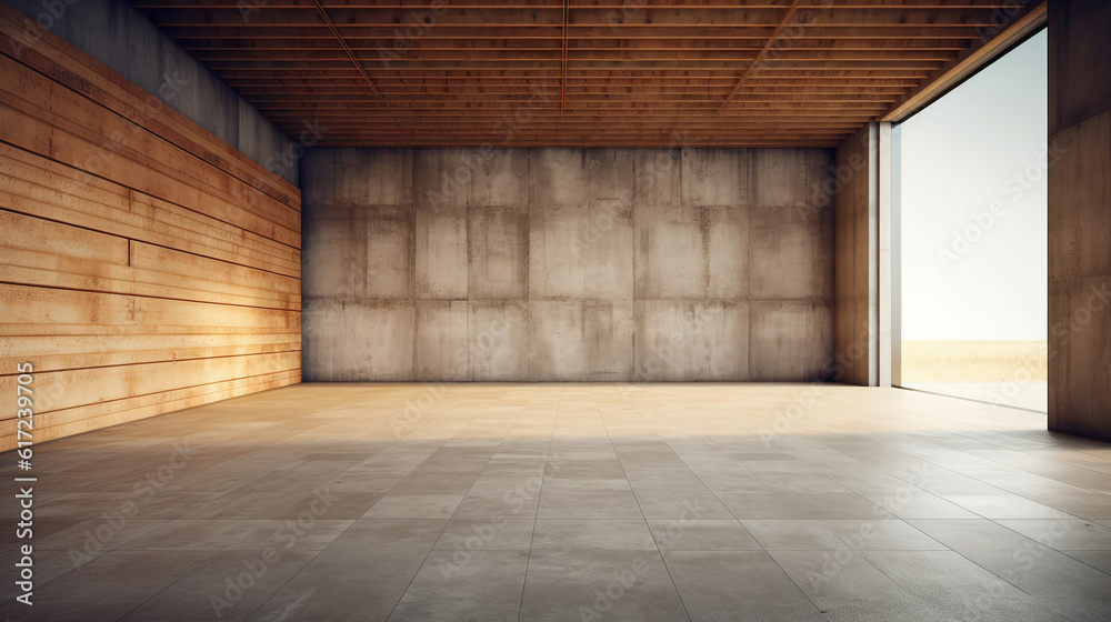 Indoor perspective view of empty concrete floor with cement structure. Created with Generative AI. Indoor perspective view of empty concrete floor with cement structure. Created with Generative AI.