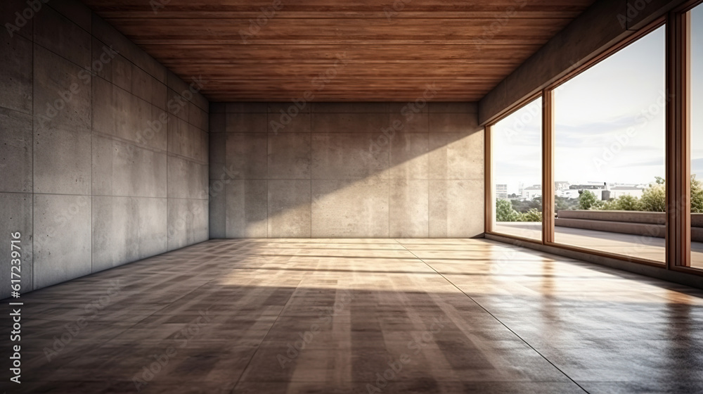 Indoor perspective view of empty concrete floor with cement structure. Created with Generative AI. Indoor perspective view of empty concrete floor with cement structure. Created with Generative AI.