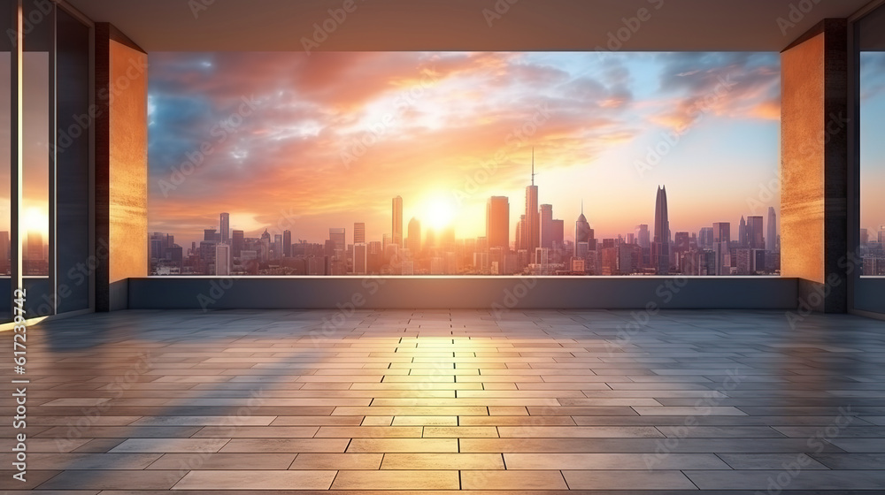 Empty floor and modern rooftop architecture with cityscape during sunset scene. Created with Generative AI.