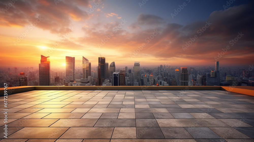 Empty floor and modern rooftop architecture with cityscape during sunset scene. Created with Generative AI.