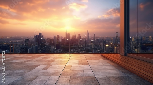 Empty floor and modern rooftop architecture with cityscape during sunset scene. Created with Generative AI.