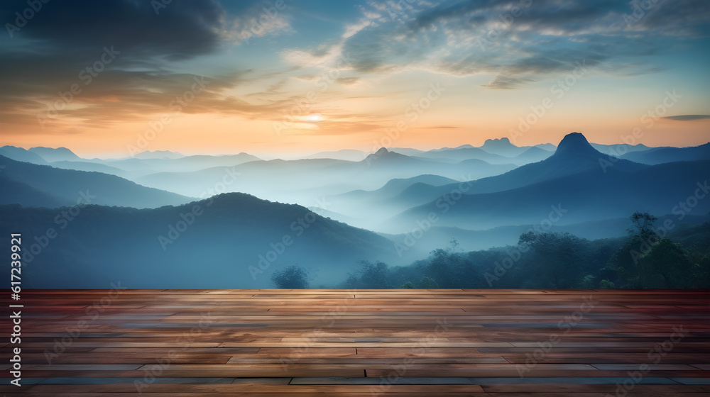Empty wooden table with beautiful landscape mountain background created with Generative AI