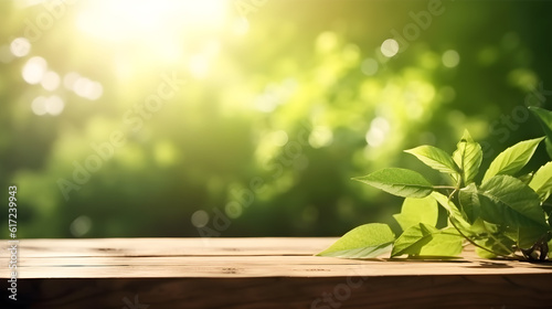 Empty wooden table with green natural background created with Generative AI