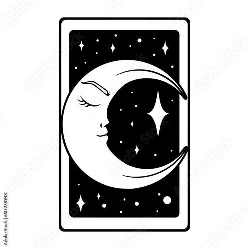 Tarot aesthetic card with crescent moon. Bohemian tarot design for oracle card covers. Vector illustration isolated in white background