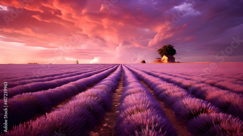 lavender field at sunset violent sky created with Generative AI