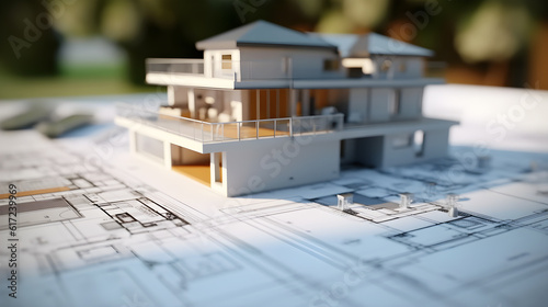 Fotografija 3d small house model on architecture floorplan created with Generative AI