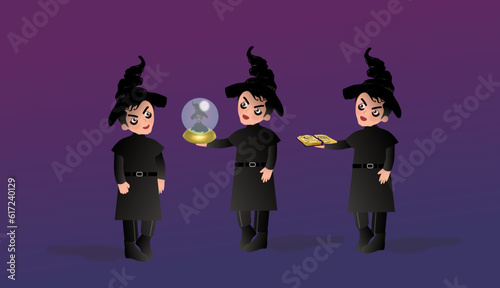 Three witches in gothic makeup and clothes, one of them holds a crystal ball and the other holds a magic book, on a purple background, vector illustration