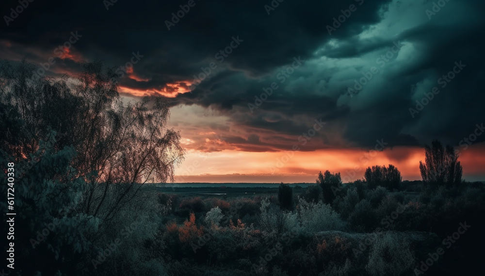 Silhouette of trees against dramatic sky at dusk generated by AI