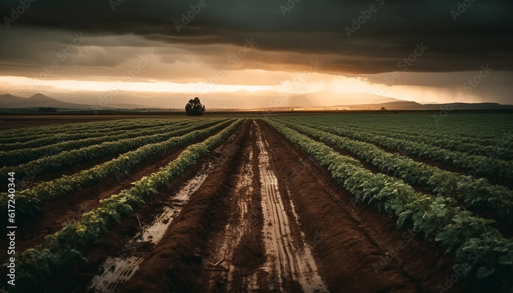 Sunset over rural farm, nature beauty harvested generated by AI