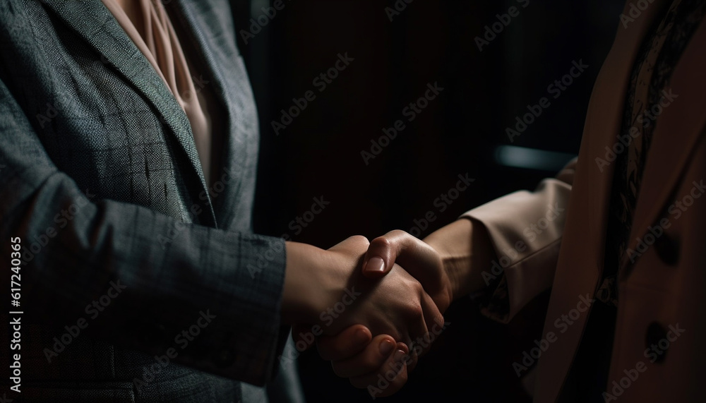 Businessman and businesswoman shaking hands in agreement generated by AI