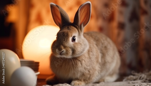 Fluffy baby rabbit sitting on wooden table generated by AI