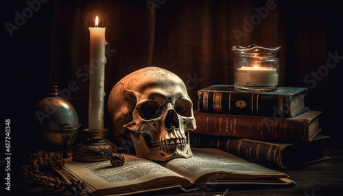 Antique candle illuminates spooky old fashioned literature generated by AI photo