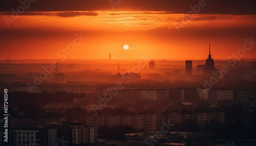 Silhouette skyline backlit by orange autumn sunset generated by AI