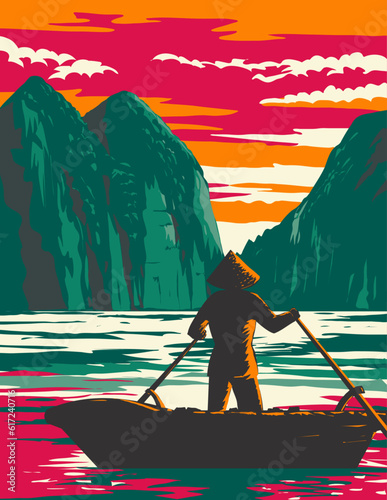 WPA poster art of Ha Long Bay or Halong Bay with boat vendor during sunset located in Quang Ninh Province in Vietnam done in works project administration or Art Deco style.