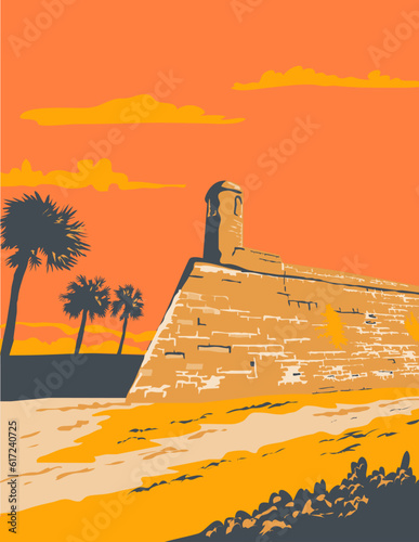 WPA style illustration of Fort Marion in St. Augustine, Florida, United States the oldest place of European settlement on the North American Continent done in retro works progress administration style