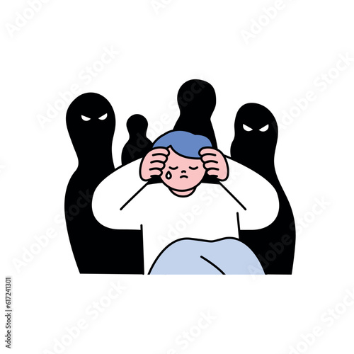 A person covers his head with his hands and is sad. The silhouette of a man behind him is watching with reproach. outline simple vector illustration.