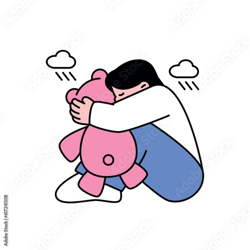 A child is sitting on the floor holding a teddy bear and crying. outline simple vector illustration.
