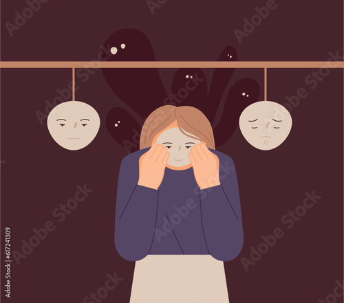 simple vector illustration. A woman is wearing one of several emotion masks on her face.