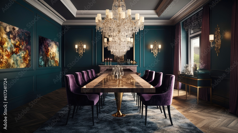Dining room that feels both glamorous and private, with a statement chandelier and plush, velvet chairs arranged around a long table. Generative AI Dining room that feels both glamorous and private, with a statement chandelier and plush, velvet chairs arranged around a long table. Generative AI