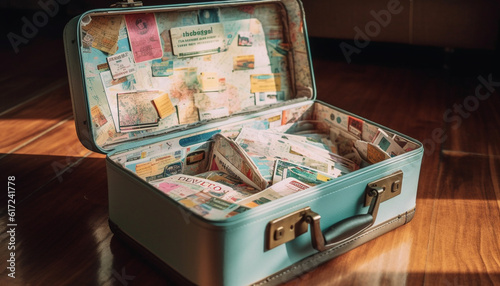 Antique luggage collection stacked on wooden furniture generated by AI